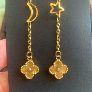 Stainless Steel Gold Moon and Star Dangle Earrings